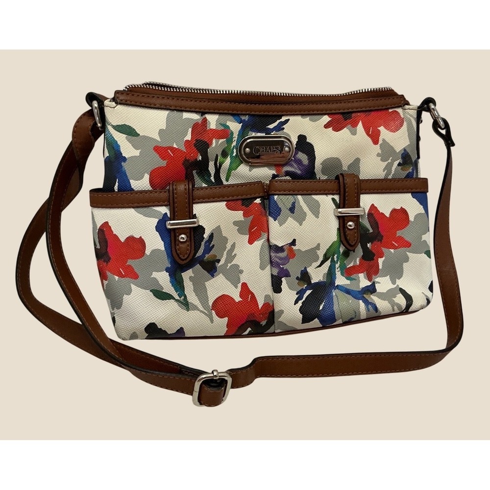 Chaps Floral Crossbody Bag Brown Faux Leather Trim Multi Color Small Purse
